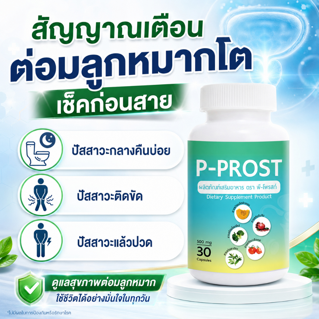 P-PROST (พี-โพรสท์) ผลิตภัณฑ์เสริมอาหารเพื่อสุขภาพผู้ชาย รวมสารสกัดจากเมล็ดฟักทองและมะเขือเทศ ต่อมลูกหมากโต ฉี่เล็ด