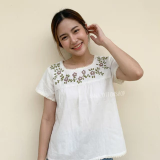 เสื้อผ้าฝ้ายผู้หญิง สวมใส่ง่ายสบายๆ งานปักมือน่ารัก งานถักโครเชต์ คอยูแขนสั้นใส่ทำสวน ปลูกดอกปลูกต้นไม้เข้าครัว