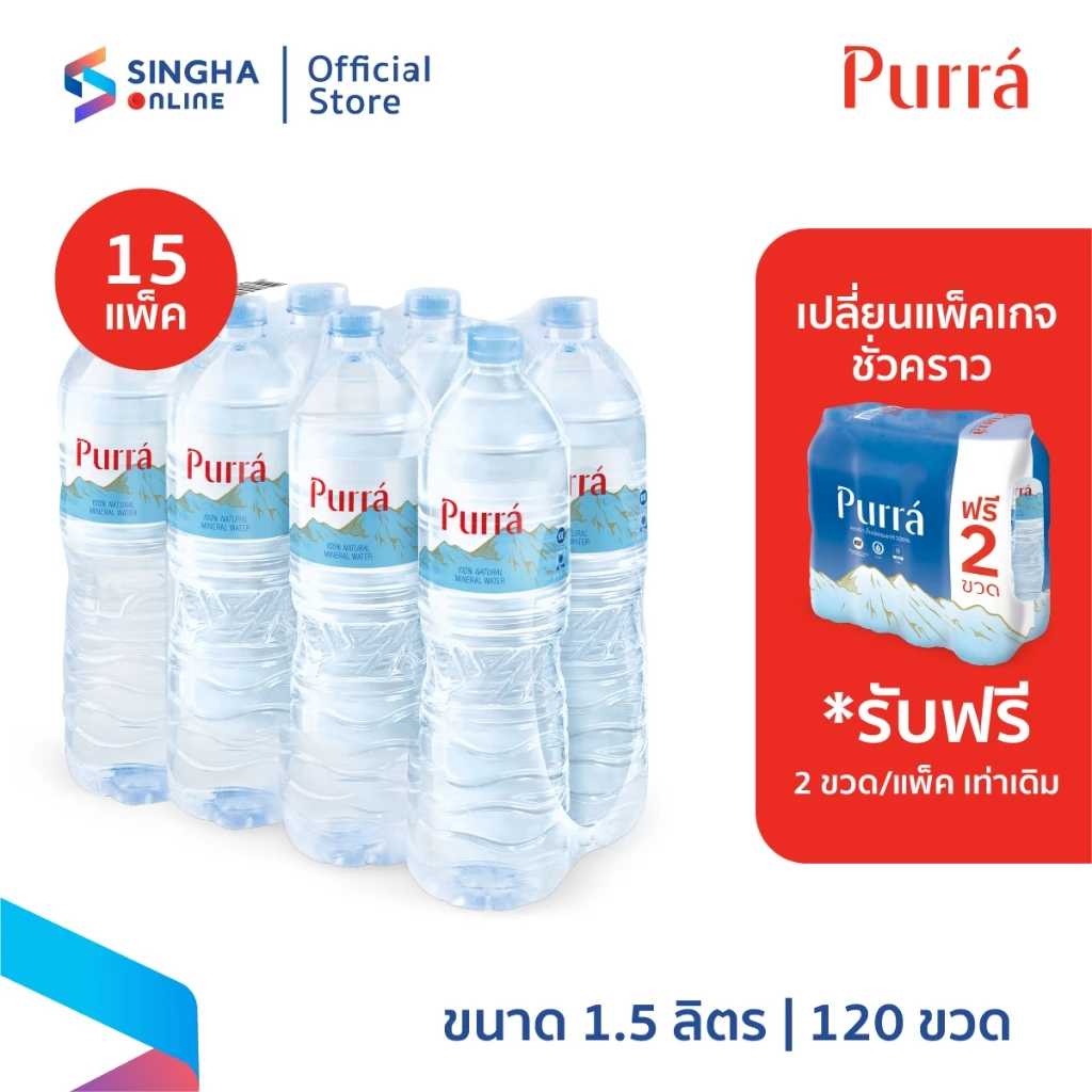 [ส่งในกทม.และปริมณฑล อยุธยา เชียงใหม่ ลำพูน] Purra Mineral Water น้ำแร่เพอร์ร่า 1.5 ลิตร 8 ขวด (15 แพ็ค รวม 120 ขวด)
