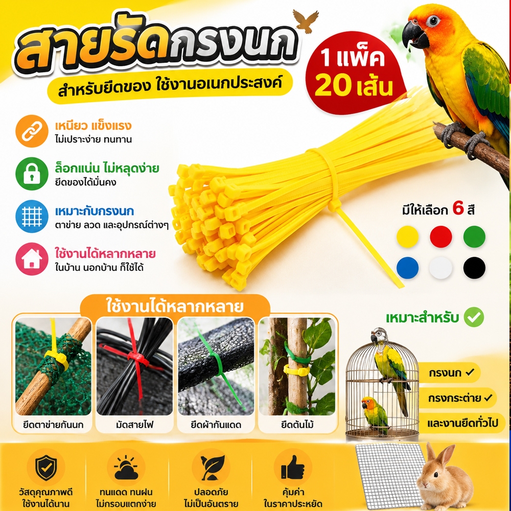 สายรัดกรงนก กรงสัตว์เลี้ยง สายรัดสายเคเบิล สำหรับยึดแผ่นรองกรงสัตว์ ใช้รัดของ สิ่งต่างๆได้