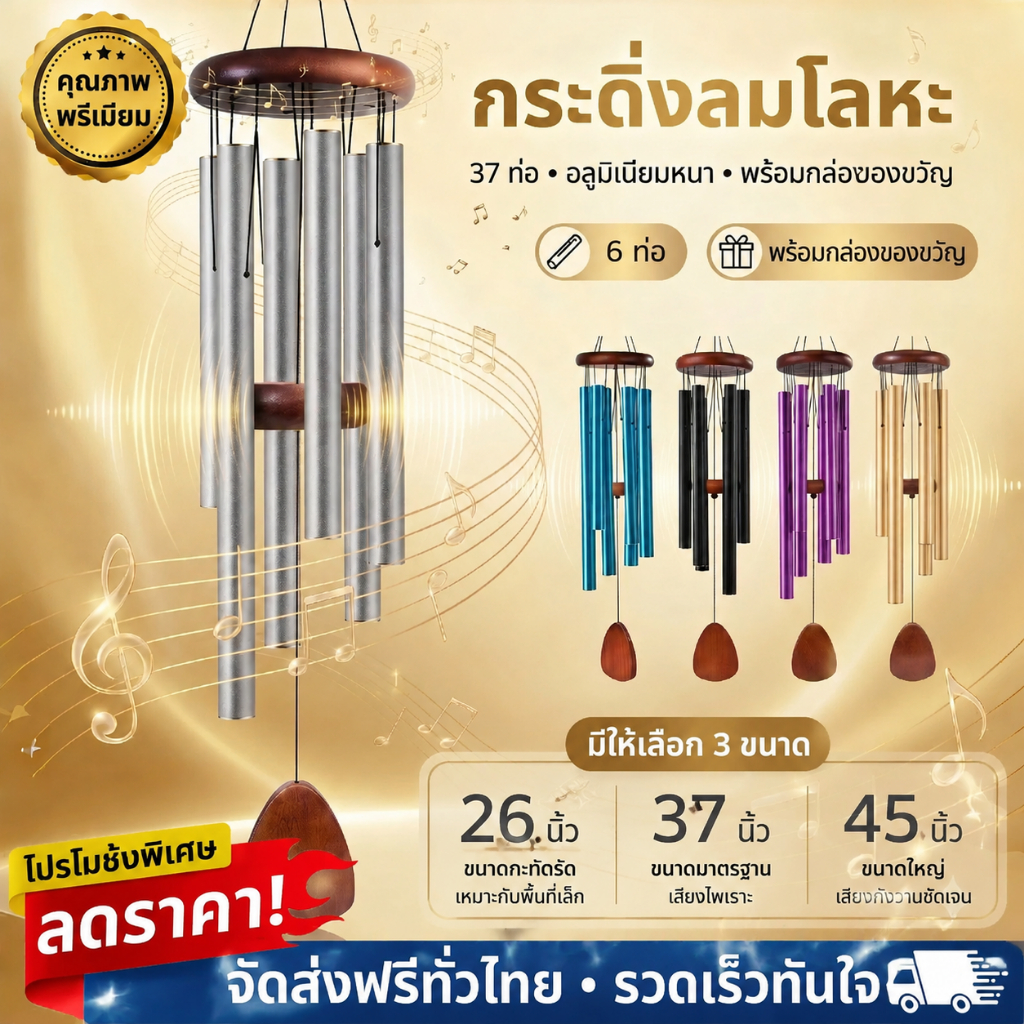 🔥ใหม่ 2026🔥กระดิ่งลมสวยงาม 37inch จากอลูมิเนียม 6 หลอด สำหรับแขวนสวนหรือคอร์ทยาร์ท เสียงกรุ๊งกริ๊งช่วยคลายเครียด