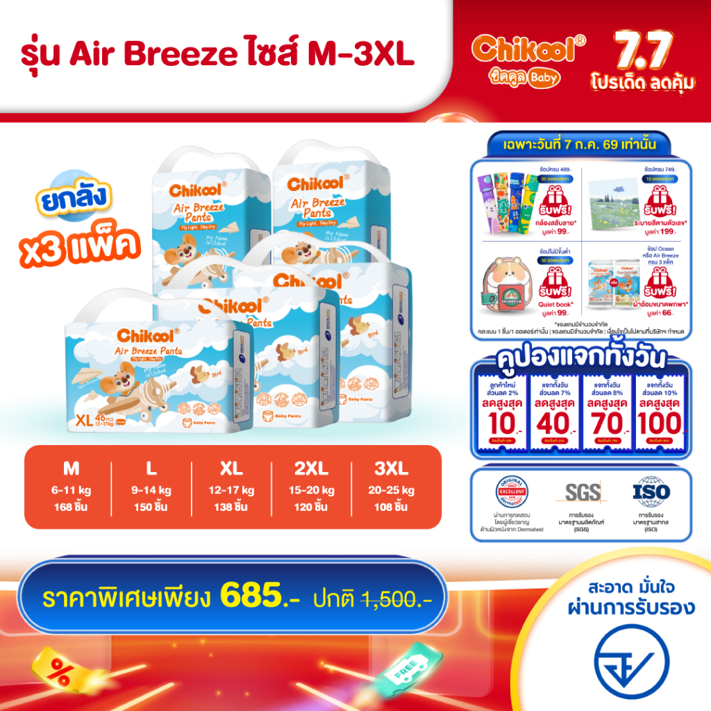 [ขายยกลัง x3 แพ็ค] Chikool Air Breeze Pants ชิคคูล กางเกงผ้าอ้อมเด็ก แอร์ บรีซ ไซส์ M-3XL