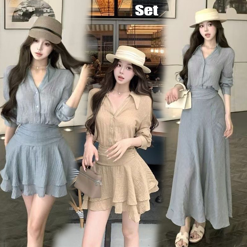 Dahong ชุดเดรสสองชิ้นชุด สีแอปริคอต สวย สง่า สไตล์ใหม่สำหรับฤดูร้อน 99455/99456/99457