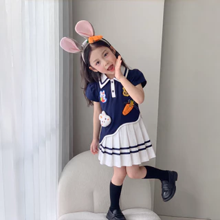 PRINCESS KESLI 1-9 ปี ชุดเดรสสาว เดรสโปโลเด็กผู้หญิง กระต่าย กระโปรงจีบสีขาว ผ้านิ่มใส่สบาย สไตล์น่ารัก ชุดเด็ก