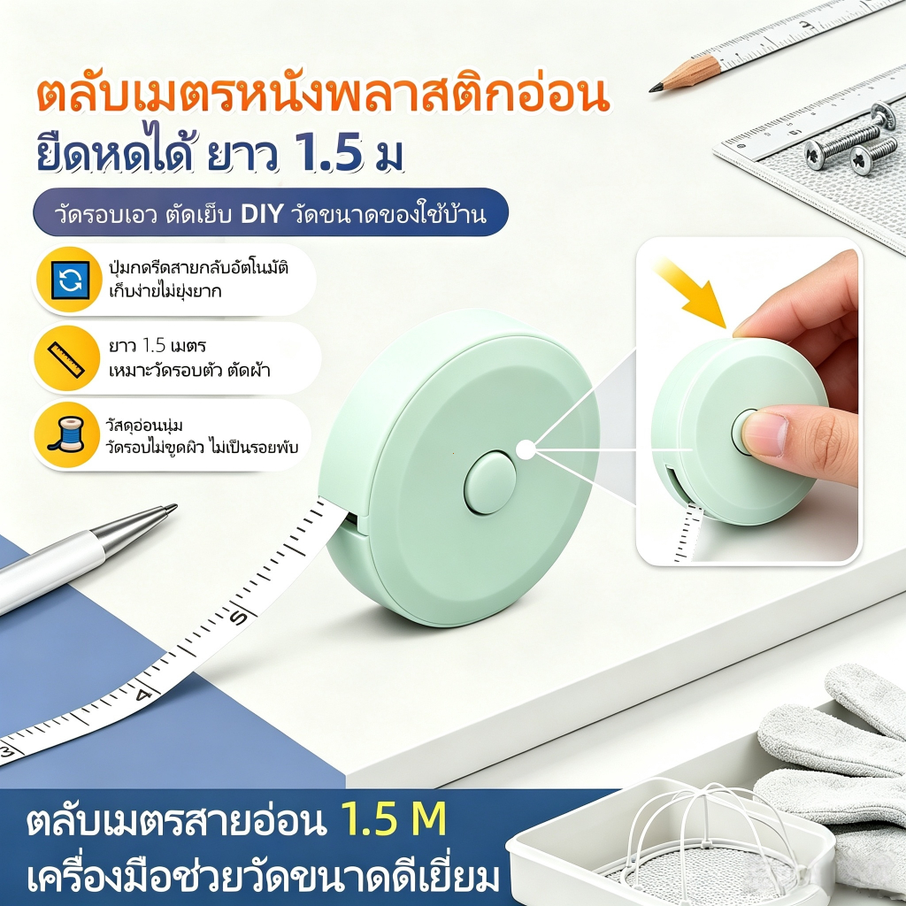 สายวัดตัวพกพา 1.5 เมตร ดึงเก็บอัตโนมัติ วัดรอบเอว ใช้วัดตัวได้สะดวก