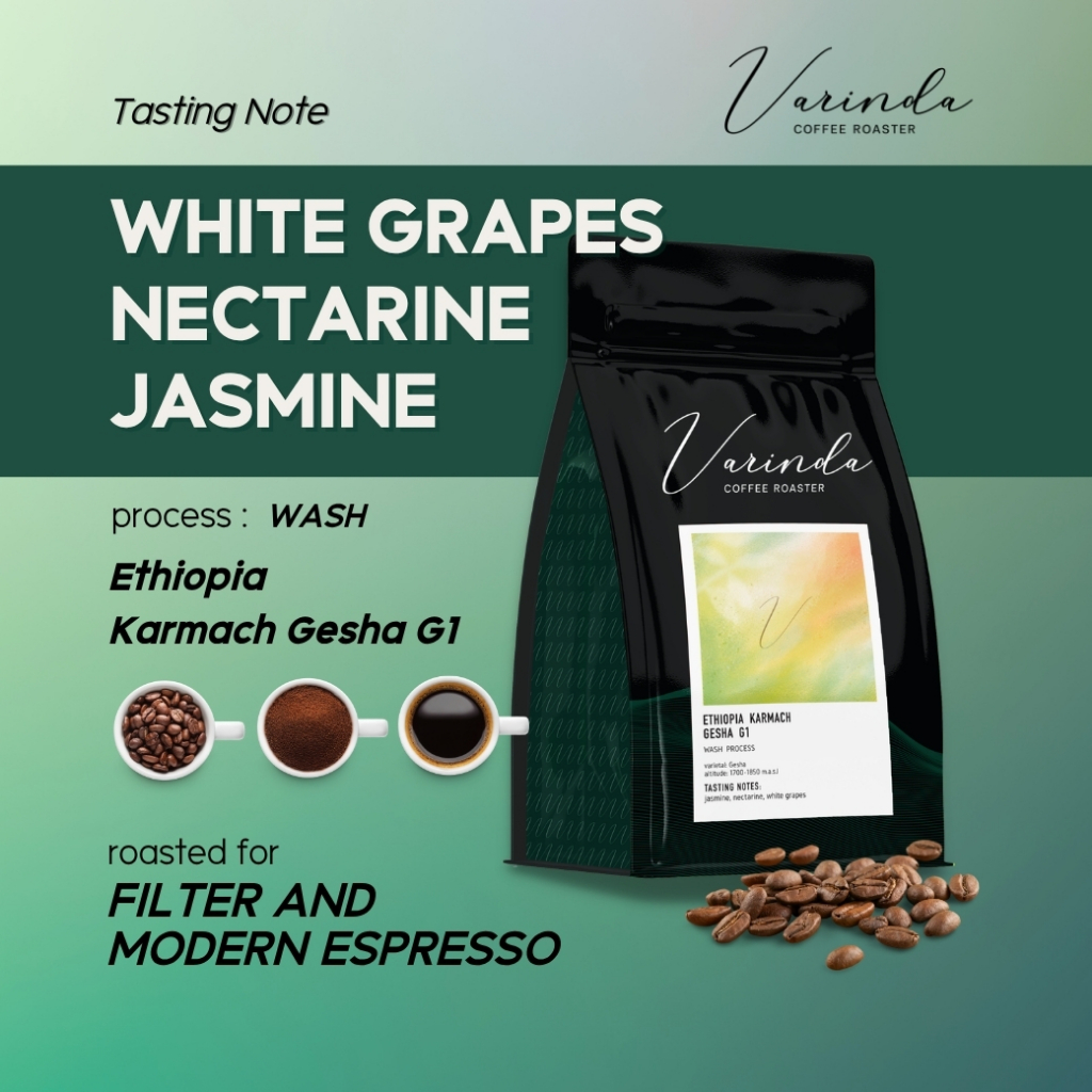 เมล็ดกาแฟดริป Ethiopia Karmach Gesha G1 คั่วอ่อน Specialty 200g | Varinda Coffee Roaster