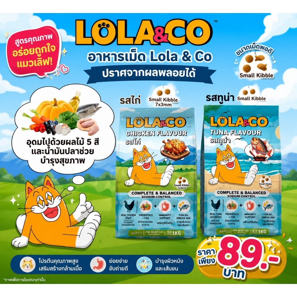 อาหารแมวแบบเม็ด Lola&Co รสไก่ ,ทูน่า 1กิโล