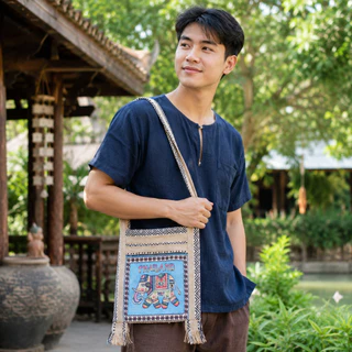 ย่ามลายช้าง สีครีม กระเป๋าย่าม ผ้านากา กระเป๋าสะพาย ผ้าพื้นเมือง คละสีคละลาย 2ช่อง 2ซิป มีซับใน ไซส์ 8/9/10/12 นิ้วส่งไว