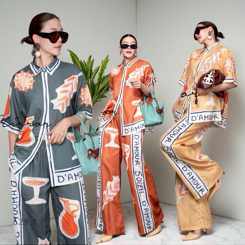 MirrorsisteR 60629.1 เซตเสื้อเชิ้ตแขนสั้นจับคู่กางเกงขายาวทรงกระบอกใหญ่