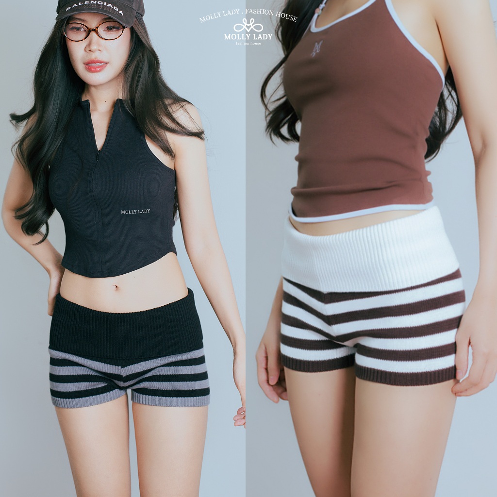 MOLLY LADY ❤️ STRIPE CUFF SHORTS | กางเกงขาสั้นไหมพรม ลายทาง ดีไซน์ขอบพับ
