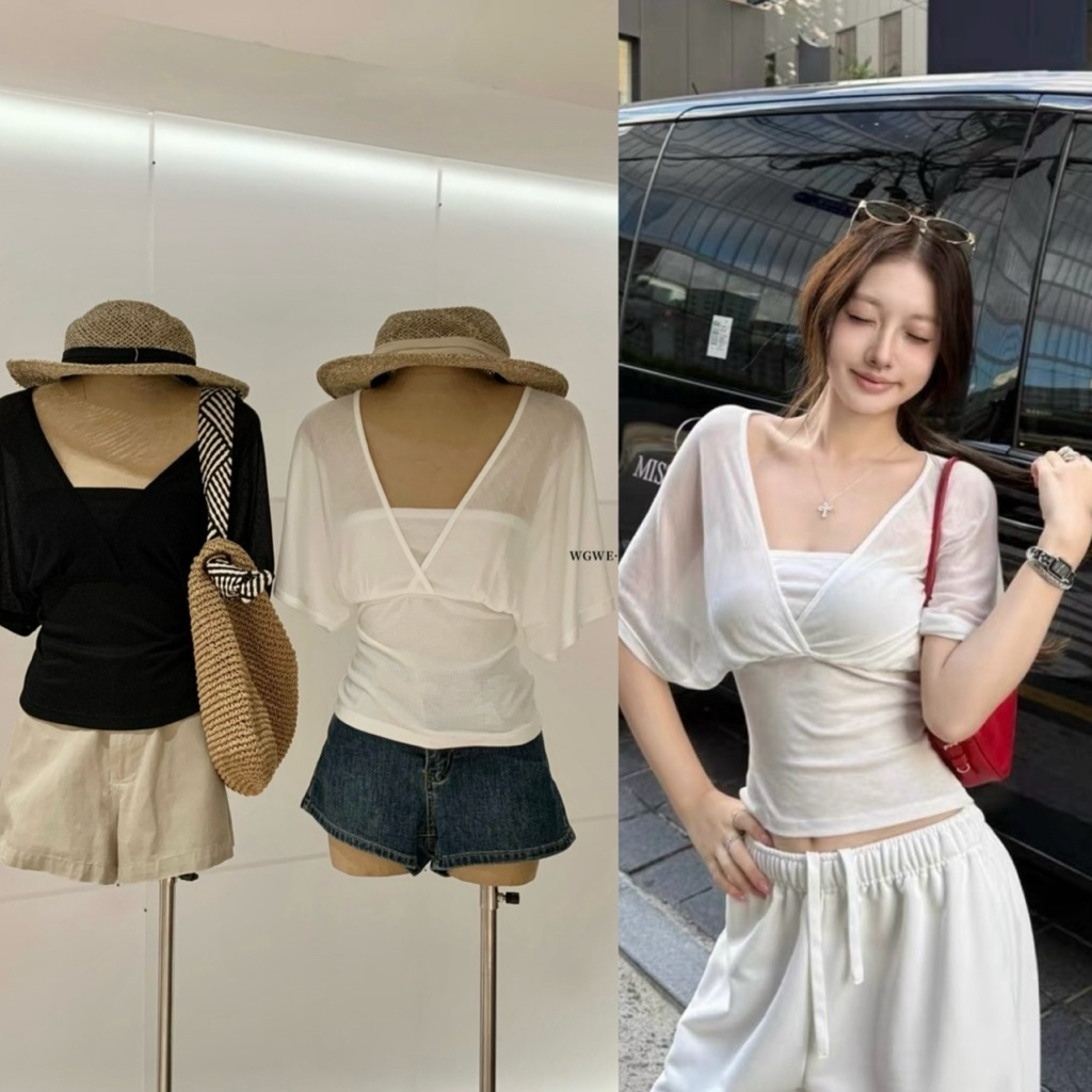 📍พร้อมส่ง📍10268# เสื้อคอวี เย็บติดเกาะอกด้านใน เนื้อผ้าดี ทรงสวย TAG:WG.WE 🇰🇷