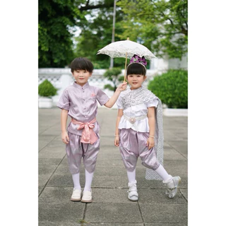 ชุดไทยเด็ก ม่วงมณี คู่ชายหญิง ผ้าไหมเทียม ชุดไทยประยุกต์เด็ก ใส่งานบุญ งานแต่ง วันลอยกระทง