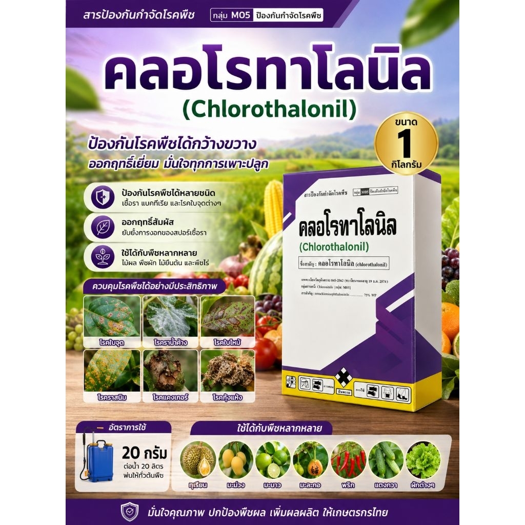 คลอโรทาโลนิล75% ขนาด 1 กิโลกรัม สารป้องกันโรคพืช เชื้อรา โรคใบจุด โรคราน้ำค้าง โรคราสนิม ราแป้ง สารเดียวกับ ดาโคนิล