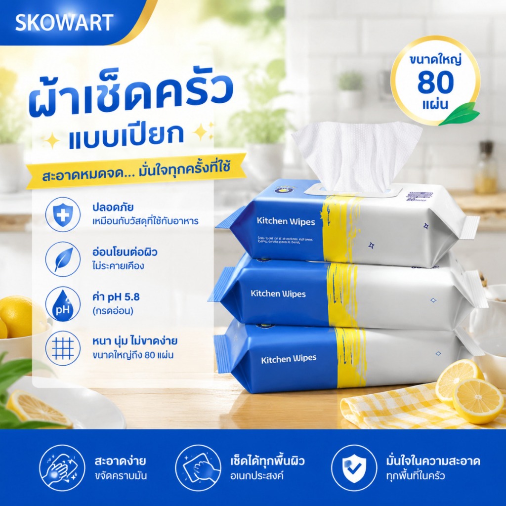 กระดาษเช็ดครัวแบบเปียก 80 แผ่น ขนาดใหญ่พิเศษ 20x20 ซม. - ทำความสะอาดคราบมันสักครั้งก็หาย!