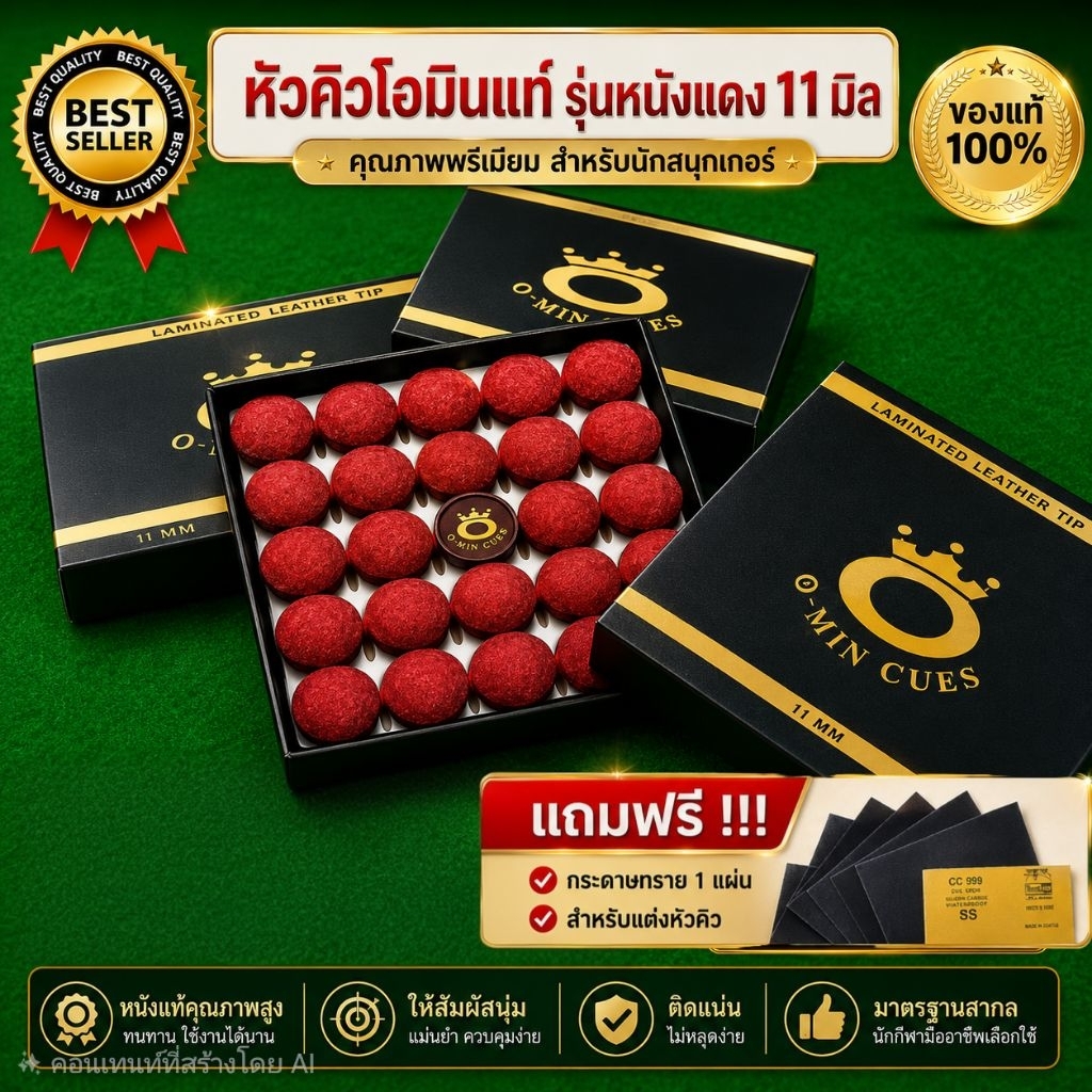 หัวคิวโอมีน แท้ 100 % ขนาด 11 mm.หนังแดงรุ่นยอดนิยม ราคาต่อ 1 ชิ้น  แถมฟรีกระดาษทราย 1 แผ่น ต่อ 1 คำสั่งซื้อ