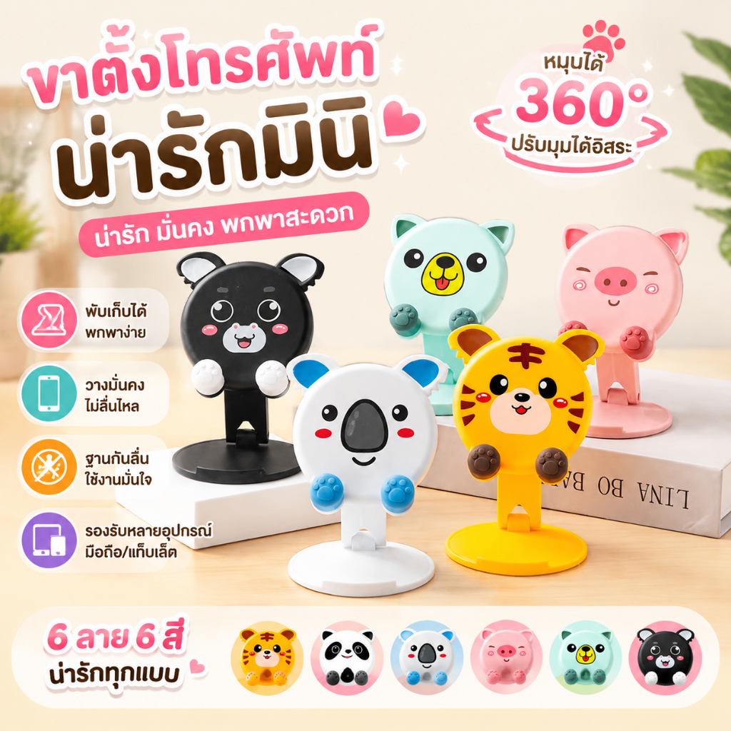 T3ขาตั้งการ์ตูน ขาตั้งโทรศัพท์มือถือ ขาตั้งโทรศัพท์ เหมาะสำหรับ iPad และโทรศัพท์ตั้งโต๊ะ ดีไซน์น่ารัก สีสันสดใส #E33
