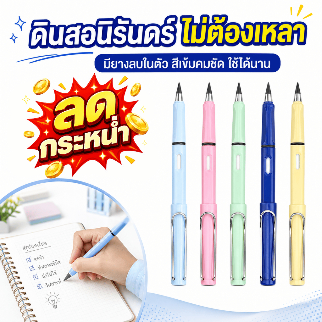 [ คละสี ] ดินสอ ดินสอนิรันดร์ ไม่ต้องเหลา เหมาะสำหรับนักเรียน มียางลบในด้าม ปลายทนทาน ไม่แตกง่าย