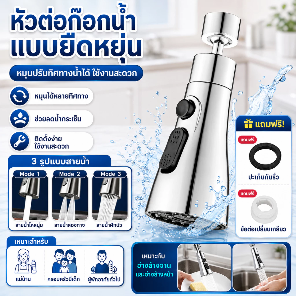หัวต่อขยายก๊อกน้ำซิงค์ครัวแบบตั้ง ข้อต่อทำจากสแตนเลส ประหยัดน้ำ เพิ่มแรงดันน้ำ ปรับโหมดน้ำได้ 3 ระดับ