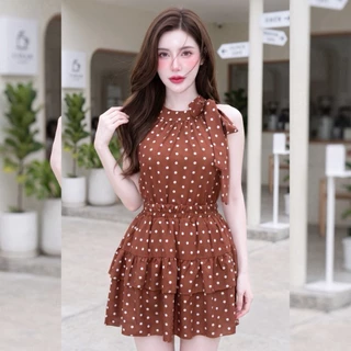 สินค้าพร้อมส่ง ชุดเซตกระโปรง ผ้าไหมอิตาลี (Polka Dot) เสื้อแขนกุดผูกโบว์ข้าง กระดุมหลัง พร้อมซับใน+กระโปรงพร้อมซับใน