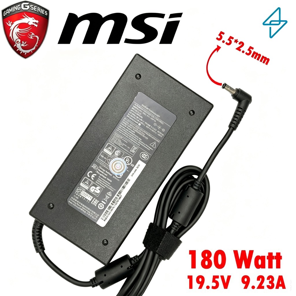 MSI Adapter ใช้ได้ MSI GF65 Thin 10UE, 9SD / MSI GF75 Thin 10SER / GS43VR, GS65, GS66 Stealth 10SE 180W 5.5 สายชาร์จ MSI