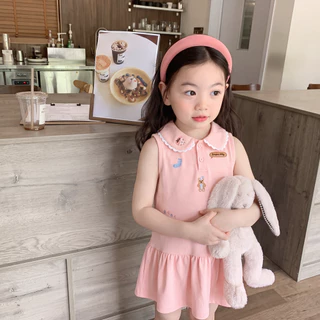 PRINCESS KESLI สไตล์เกาหลี ชุดเดรสเด็กผู้หญิง งานปักลายการ์ตูนน่ารัก ปกคอระบาย แขนกุด ชุดเจ้าหญิงเด็กผู้หญิง 2-12ปี