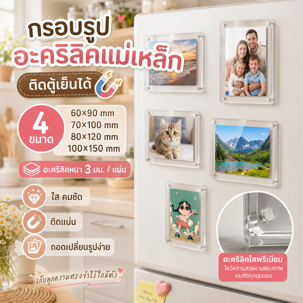 กรอบรูปอะคริลิคแม่เหล็กติดตู้เย็น กรอบรูปใส เปลี่ยนรูปง่าย หนา 3 มม. สำหรับรูปครอบครัว รูปสัตว์เลี้ยง รูปวิว มี 4 ขนาด