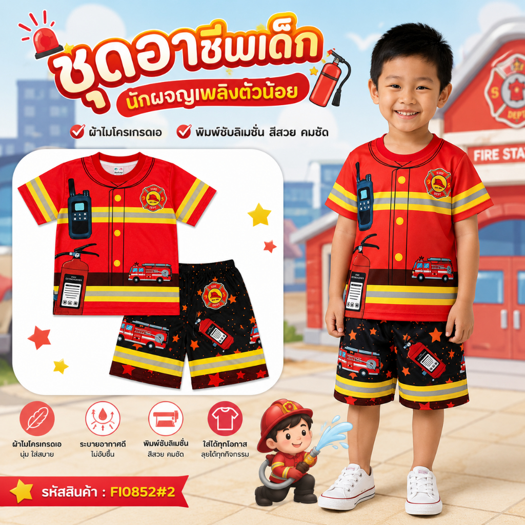 (FI0852#2) ชุดนักดับเพลิงเด็ก ชุดอาชีพเด็ก ชุดผจญเพลิงเด็ก เสื้อผ้าเด็ก ผ้าไมโครเกรดเอ พิมพ์ซับลิเมชั่น ใส่สบาย