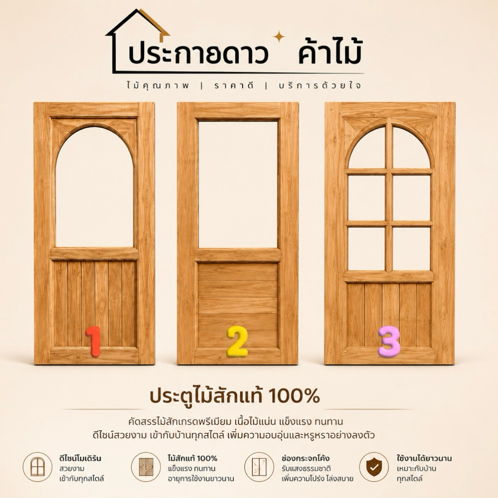 NEW ประตูไม้สัก + ช่องกระจก(ไม่รวมกระจก)80*200ซม