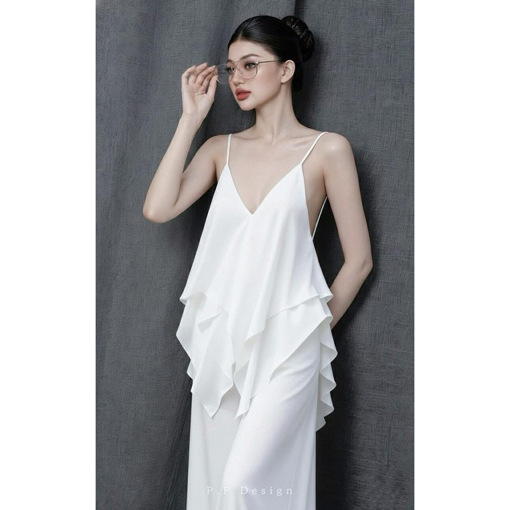 A12set- 3สี:ขาว/ดำ/แดง - ชุดเซ็ตชีฟองสองชั้น เสื้อสายเดี่ยวระบาย กางเกงขายาว เรียบหรู ดูแพง A12