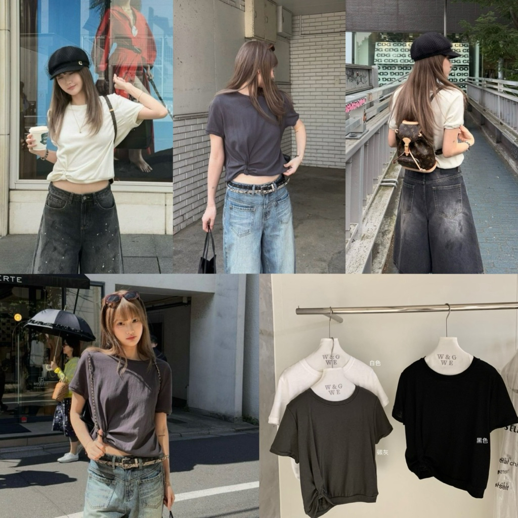 10404# เสื้อคอกลมแขนสั้น ดีไซเก๋ช่วงเอว เนื้อผ้ายืดหยุ่นได้เยอะ TAG:WG.WE