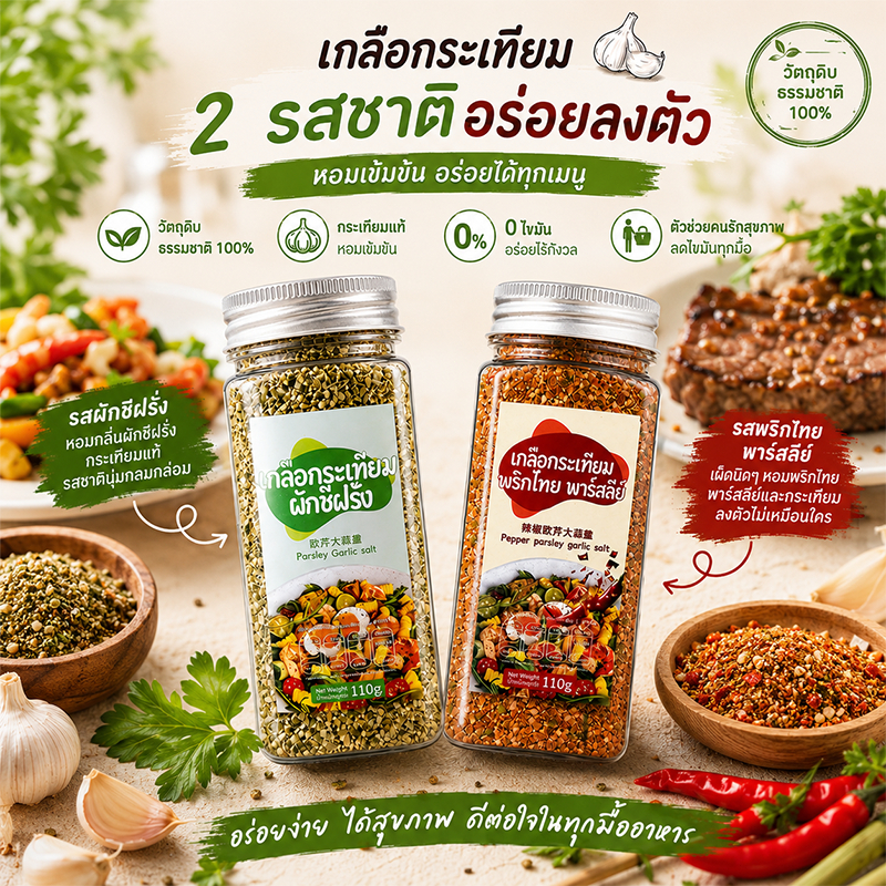 🌟สินค้าพร้อมส่ง🌟เกลือกระเทียม ผักชีฝรั่ง กระเทียม พริก เครื่องปรุงรส 110g สองรสชาติ เกลือผักชีฝรั่ง
