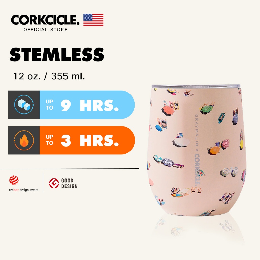 Corkcicle 12 oz (355 ml) Stemless Tumbler | Gray Malin Beach ครีม | Keeps Cold เก็บเย็น 9hrs | กระบอกน้ำ ขวดน้ําพกพา