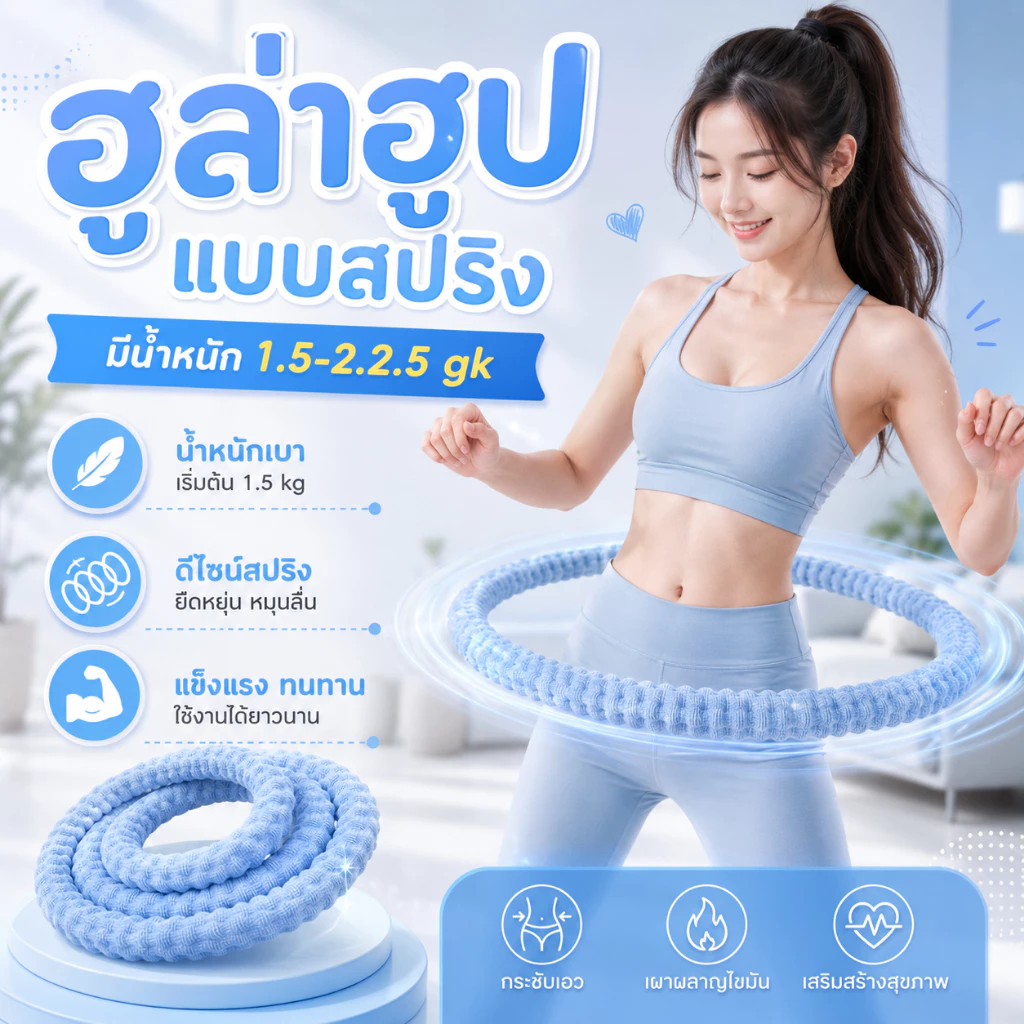 ฮูล่าฮูปสปริงนุ่ม รุ่นผ้าไหมเย็น น้ำหนักเบา ไม่เจ็บเอว ใช้งานเงียบ เผาผลาญไขมันและกระชับเอว E34