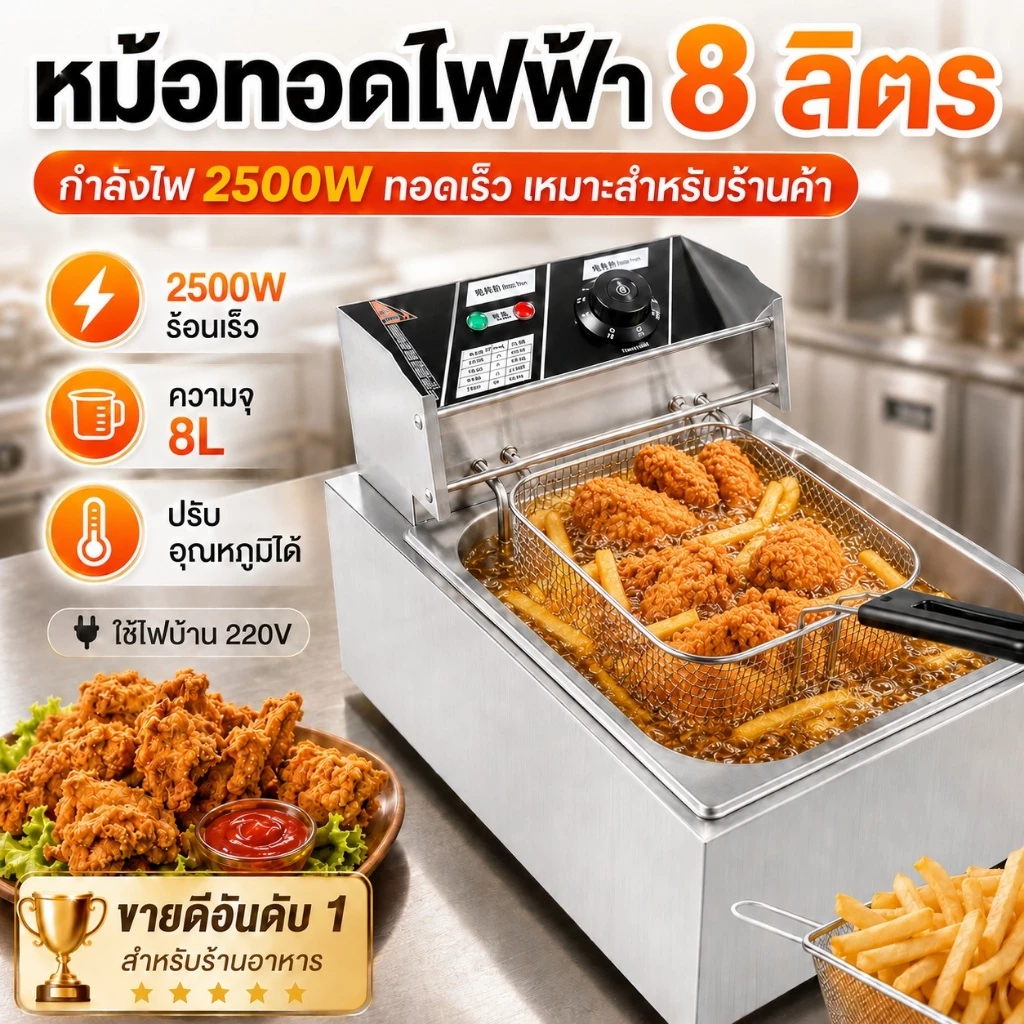 หม้อทอดไฟฟ้า 8L 2500W ปรับอุณหภูมิ 60-200°C ใช้ทอดไก่ เฟรนช์ฟรายส์ ปาท่องโก๋ ของทอด เหมาะสำหรับร้านค้า