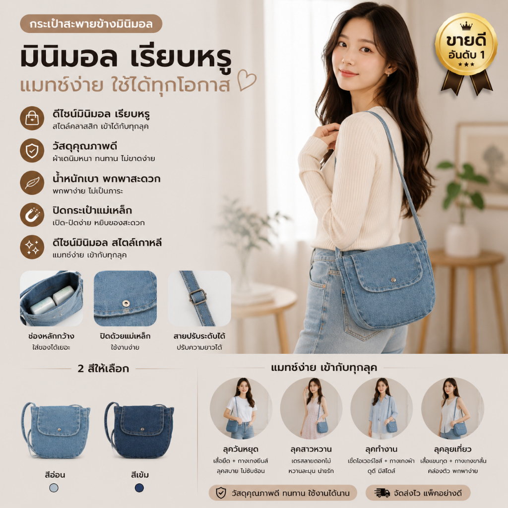 พร้อมส่ง กระเป๋าผ้าเดนิมผู้หญิง แฟชั่น แมตช์ง่าย มีช่องใส่มือถือ ใช้งานสะดวก มีให้เลือก 2 สี