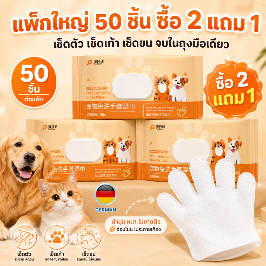 ถุงมืออาบน้ำแห้งหมาแมว 50 ชิ้น เช็ดขน เช็ดเท้า เช็ดตัว ลดกลิ่น