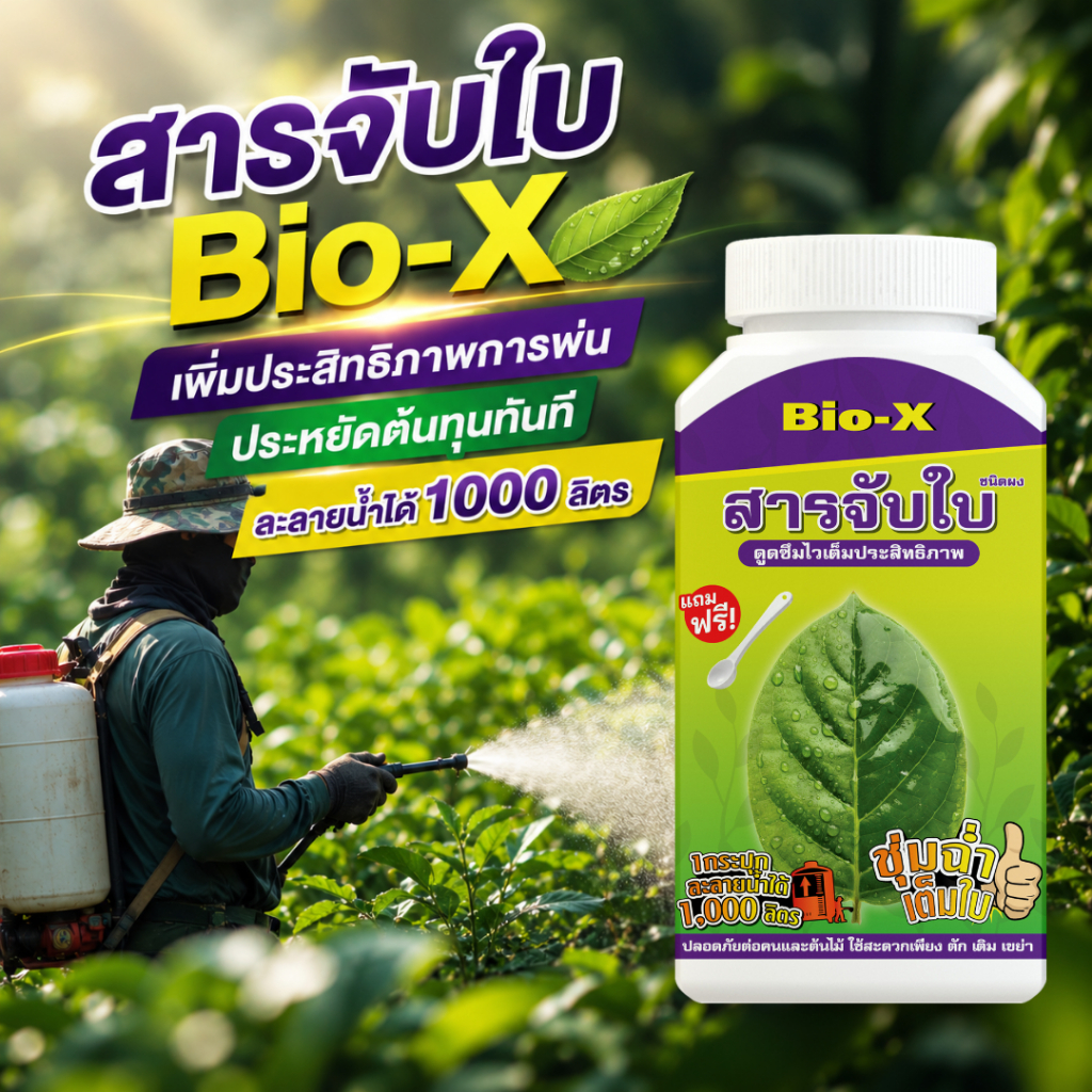 Bio-X สารจับใบเข้มข้น สูตรผง ผสมน้ำได้สูงสุด 1,000 ลิตร จับใบได้กว้าง เพิ่มการเกาะใบ ดูดซึมไวช่วยในการดูดซึมยา