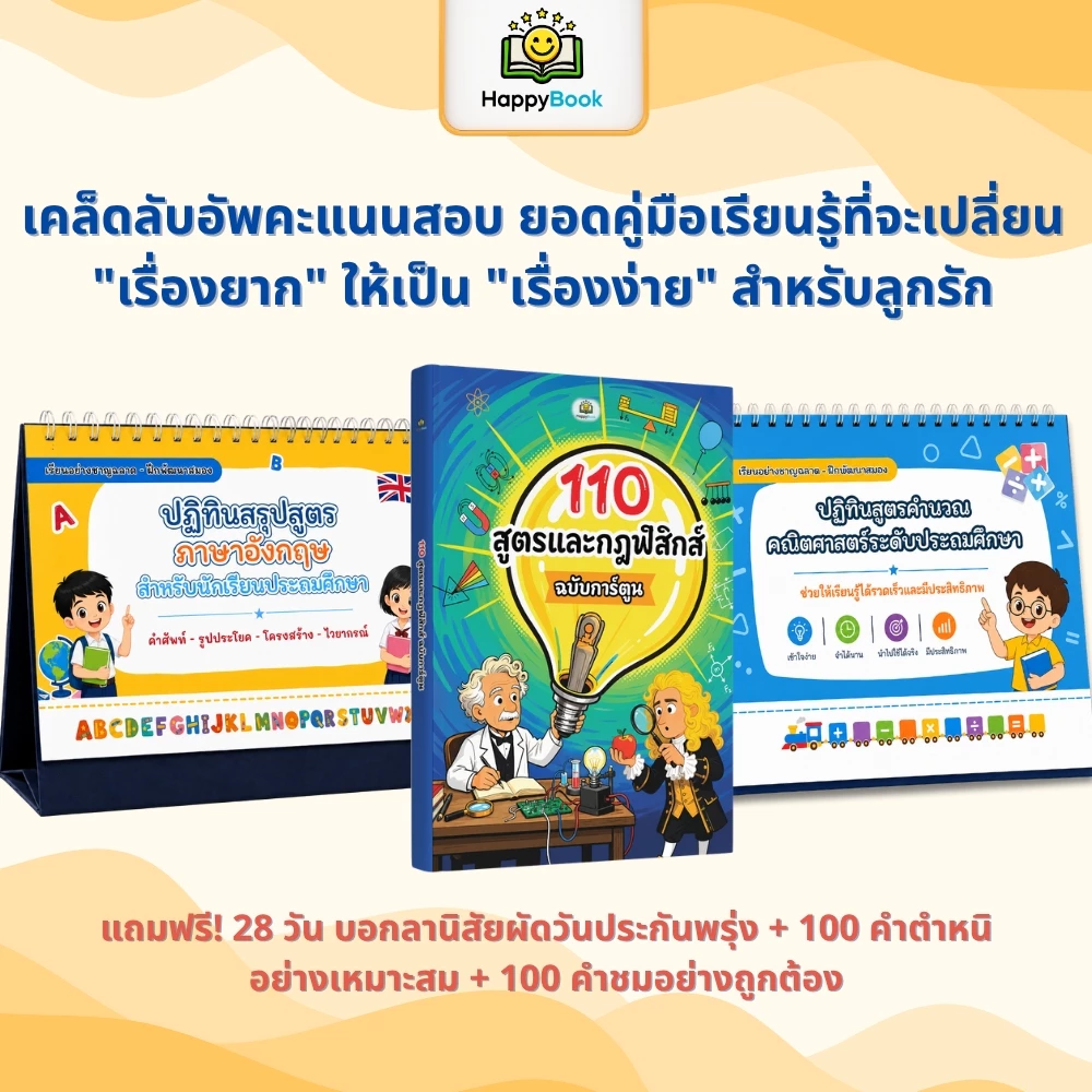 [ซื้อ3แถม3] หนังสือ 110 สูตรฟิสิกส์ฉบับการ์ตูน + ชุดปฏิทินสรุปสูตรคณิต-อังกฤษ ประถมสำหรับเด็ก Happy Book