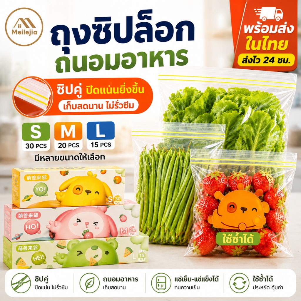 ถุงซิปถนอมอาหาร ถุงใสเก็บของแบบปิดผนึก แบ่งเก็บอาหารสดในตู้เย็นได้ดี ถุงซิปคู่ใช้งานง่ายสำหรับจัดเก็บอาหารในชีวิตประจำวั