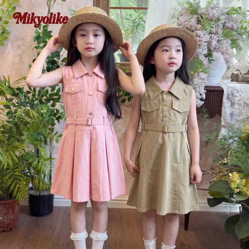 2-9 ปี ชุดยีนส์เด็กผู้หญิง Polo คอปก แขนกุด สไตล์เกาหลี แฟชั่นฤดูร้อน ชุดเดรสสีชมพูสำหรับเด็ก สำหรับเด็กผู้หญิง