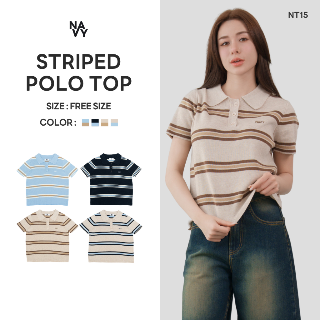 NT15 - Striped polo top เสื้อโปโลไหมพรมลายทาง