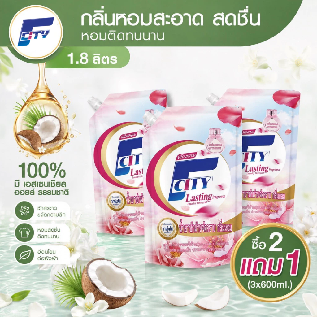 ซื้อ 2 แถม 1 F-City น้ำยาซักผ้าสูตรเข้มข้น (รวม 3 ถุง) ถุงละ 600 มิลลิลิตร หอมติดทนนาน 72 ชม กลิ่นดอกไม้