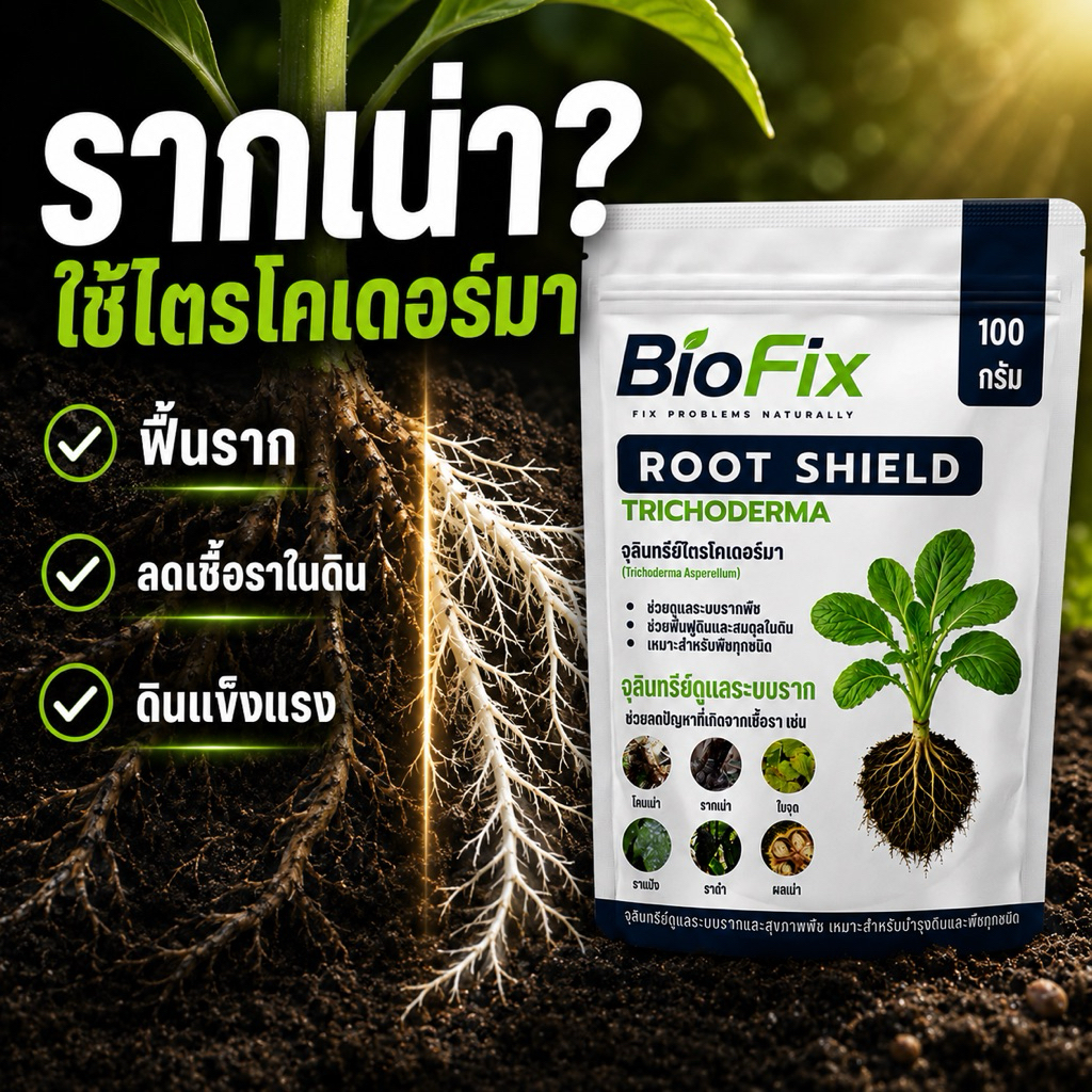 BioFix ไตรโคเดอร์มา 100 กรัม โตรไคเดอร์มา แก้โรคราในพืช สูตรเข้มข้น กำจัดเชื้อ ฟื้นใบ ปลอดภัยไร้เคมี