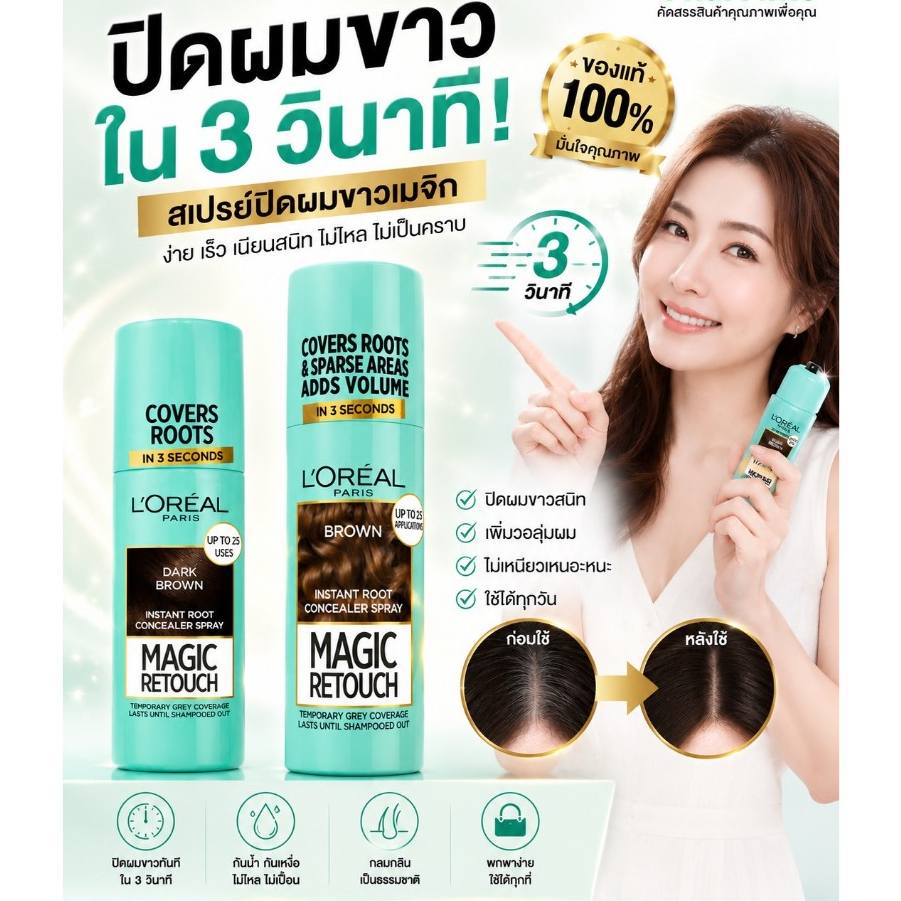 ลอรีอัล ปารีส L'Oreal Paris Magic Retouch 75ml สเปรย์ปกปิดผมขาวแบบชั่วคราว แนบสนิท แห้งไว ติดทน ไม่เลอะ