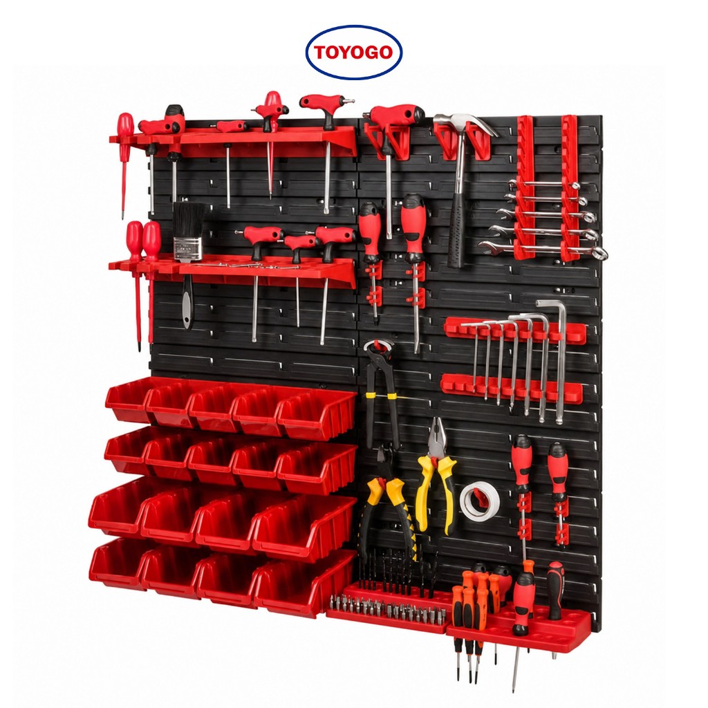TOYOGO ชั้นแขวนเครื่องมือ Pegboard ติดผนัง 54ชิ้น พร้อมตะขอ กล่องเก็บของ DIY โรงรถ