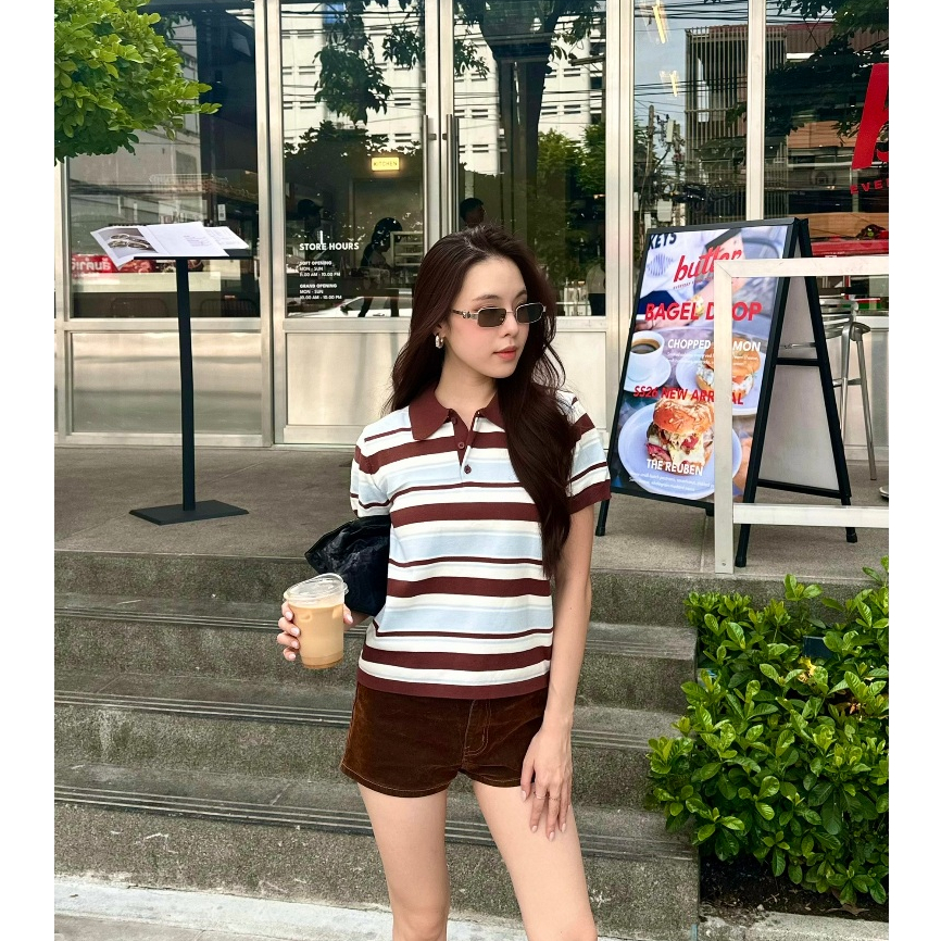 Peche Marbel Knit Polo เสื้อโปโลไหมพรมลายทาง
