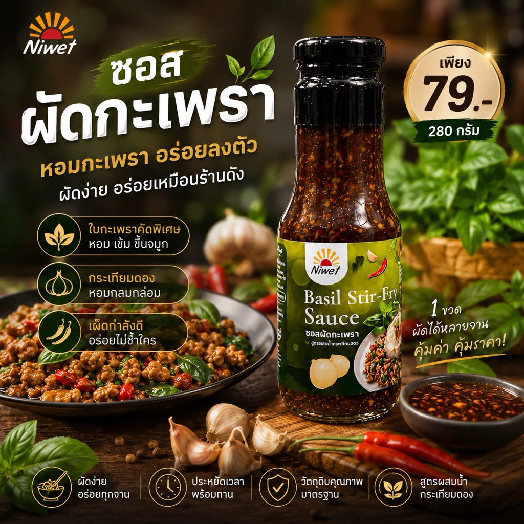 ซอสกะเพรา Niwet สูตรเข้มข้น หอมเผ็ดถึงใจ ผัดกะเพราอร่อยใน 5 นาที ขวดเดียวจบ