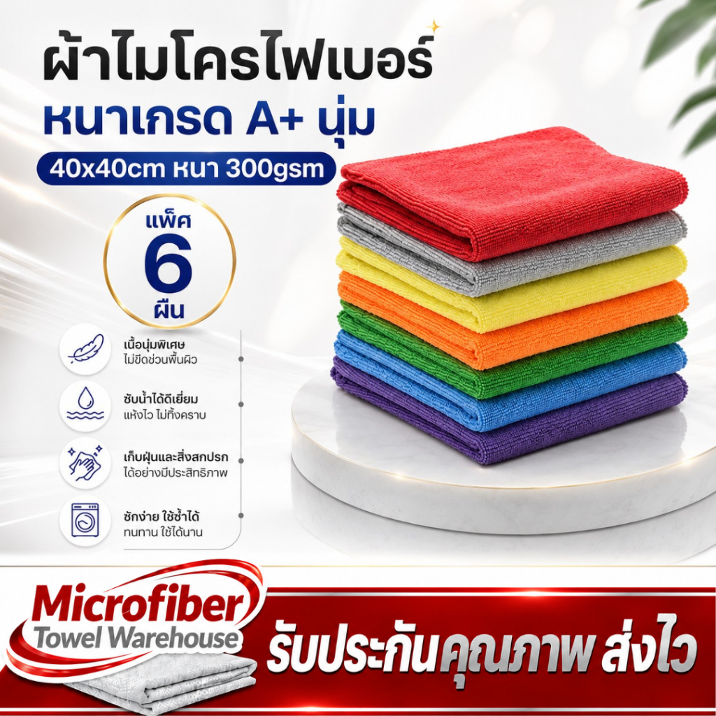 ผ้าไมโครไฟเบอร์ ผ้าเช็ดรถ (แพ็ค 6ผืน) ขนาด 40X40 ซม. หนา 300g , บาง 260g  เนื้อผ้าเกรดA+ผ้าซึมซับน้ำได้ดีเยี่ยม