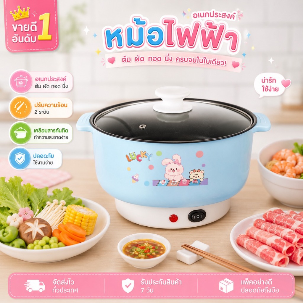 22cm หม้อไฟฟ้าอเนกประสงค์  หุง อุ่น ตุ๋น ต้ม เคลือบเทปล่อน ความจุ 2 ลิตร