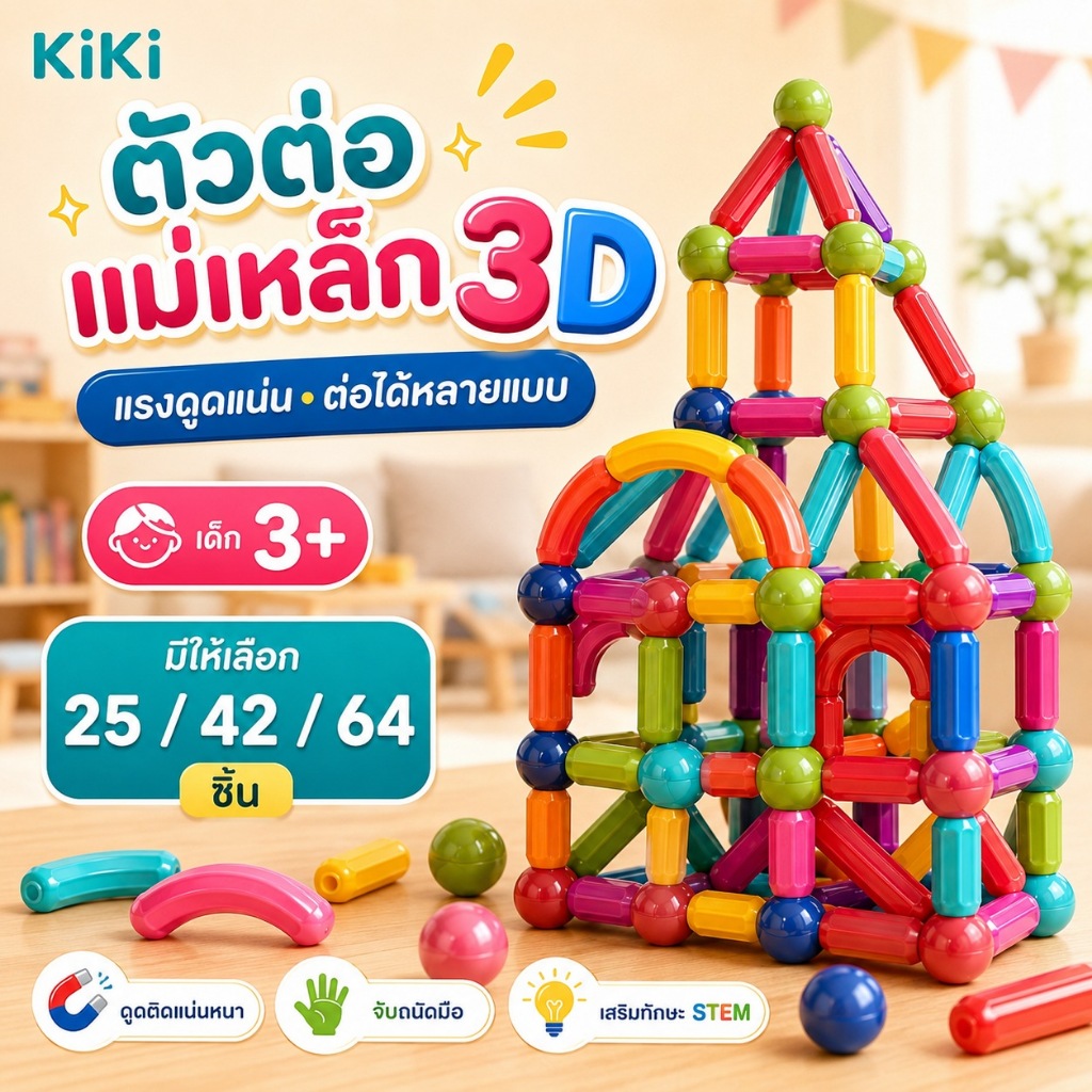 KiKi บล็อคตัวต่อแม่เหล็ก 3D ของเล่นเด็ก เสริมทักษะ บล็อกตัวต่อแม่เหล็ก สร้างจินตนาการ เกมสมอง